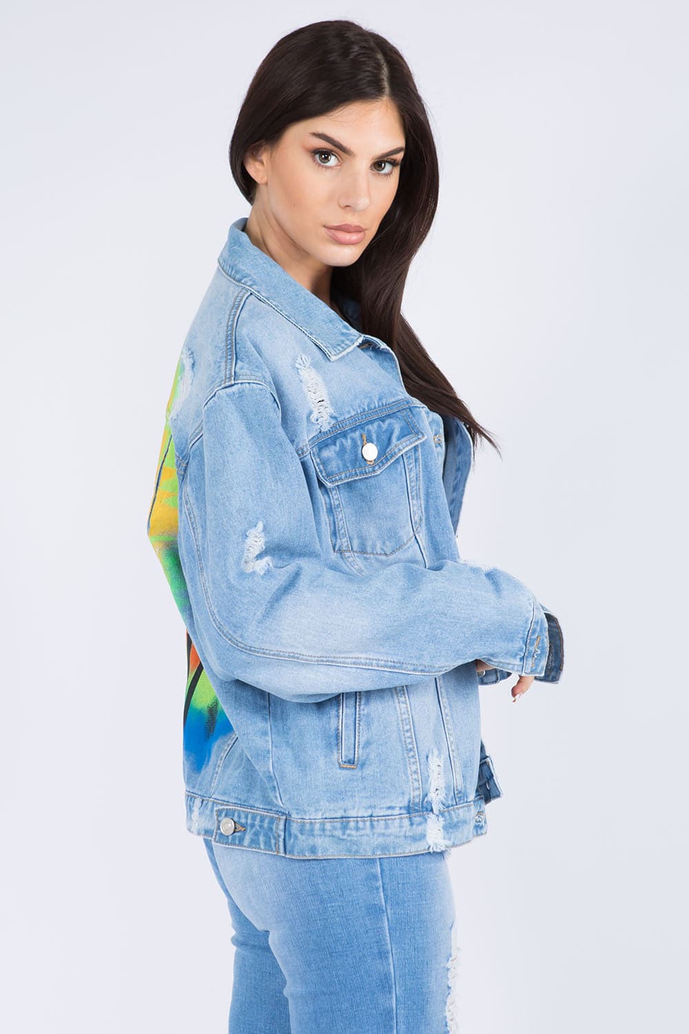 American Bazi Full Size Painted Back Distressed Denim Jacket.