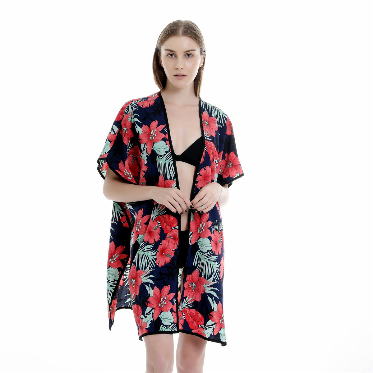Floral Print Mid Length Chiffon Beach Sun Protection Blouse Coat Bella Mia