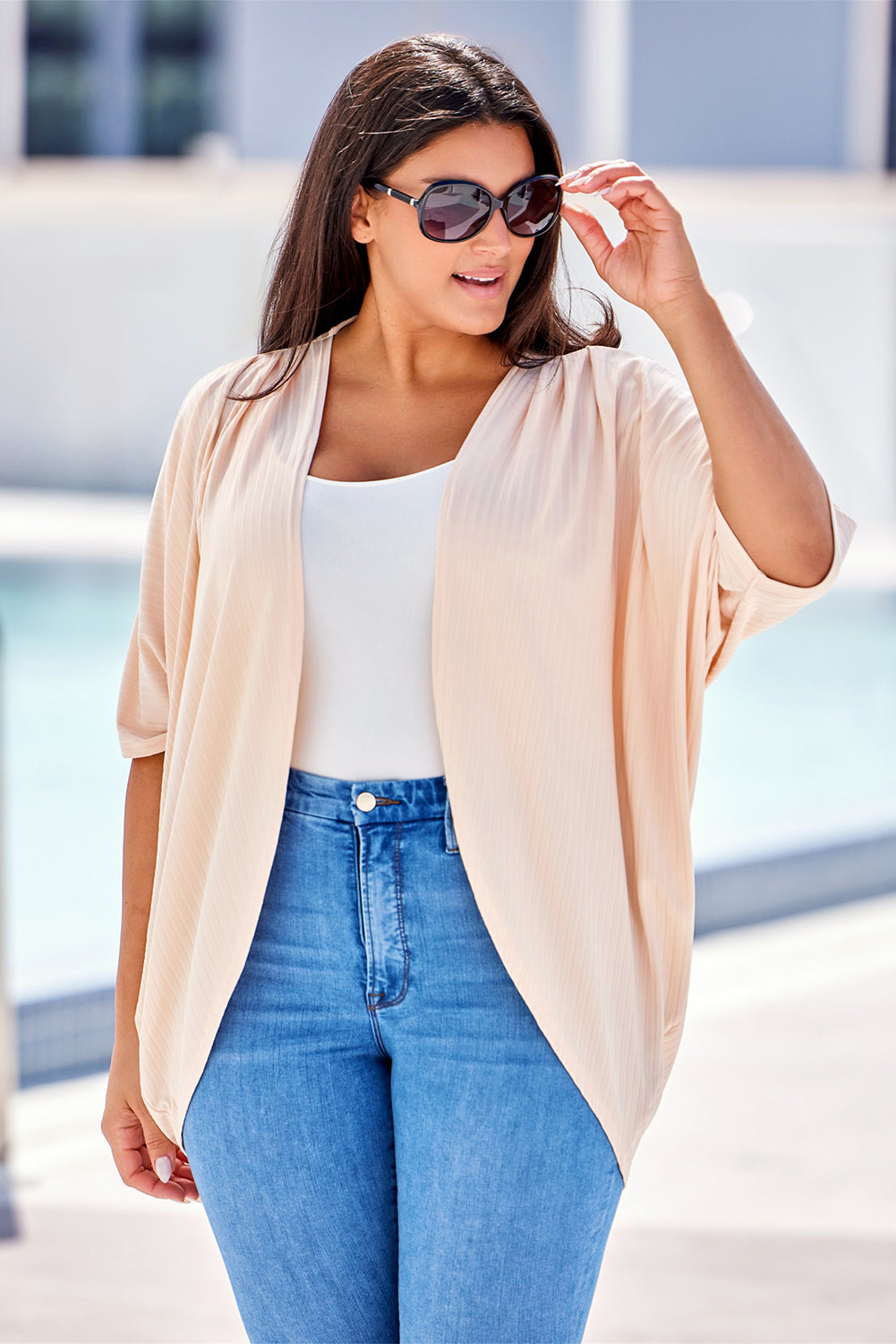 Apricot shimmer ribbed texture cardigan for plus sizes