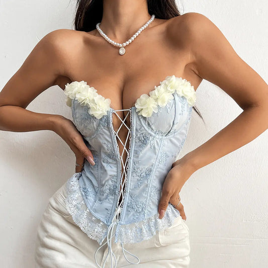 Embroidered Floral Lace Up Crop Corset Tube Top Sweetheart Neckline Summer Bella Mia