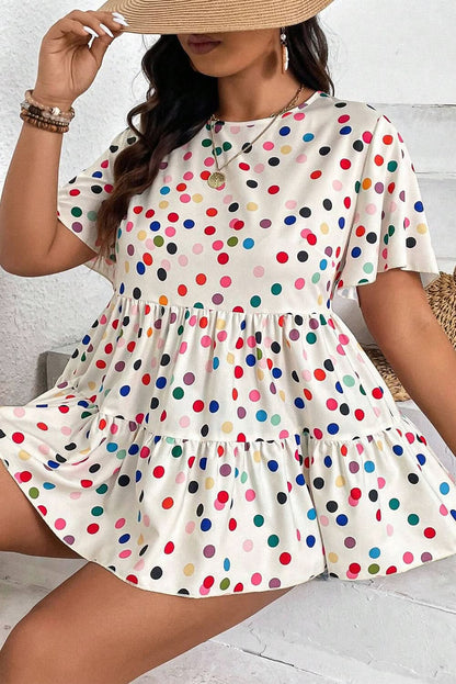 Beige Plus Size Babydoll Blouse with Colorful Polka Dot Print and Ruffled Short Sleeves