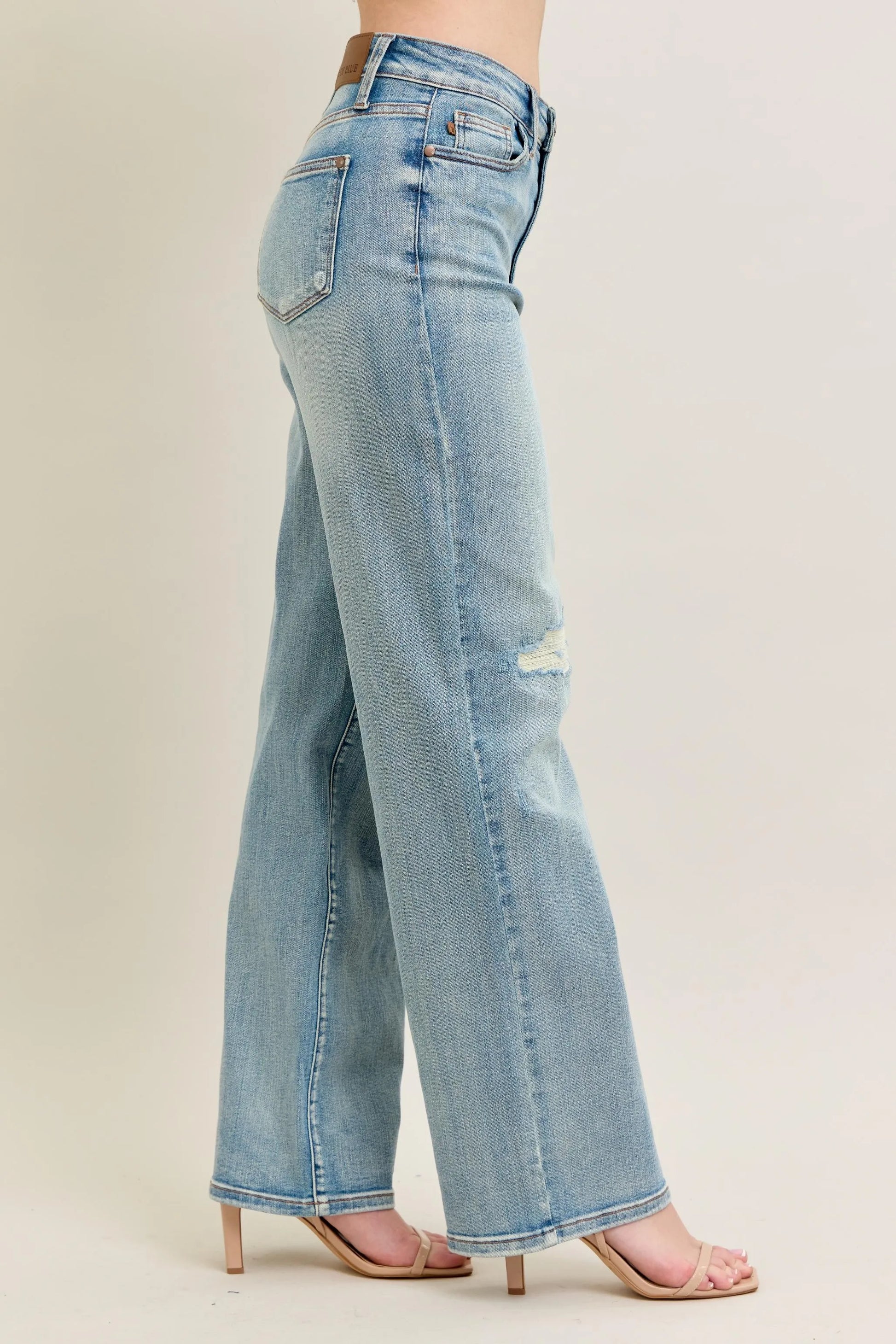Judy Blue Plus Size High Rise Destroyed Knee Patch Straight Jeans - Love Salve 