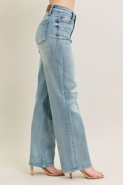 Judy Blue Plus Size High Rise Destroyed Knee Patch Straight Jeans - Love Salve 