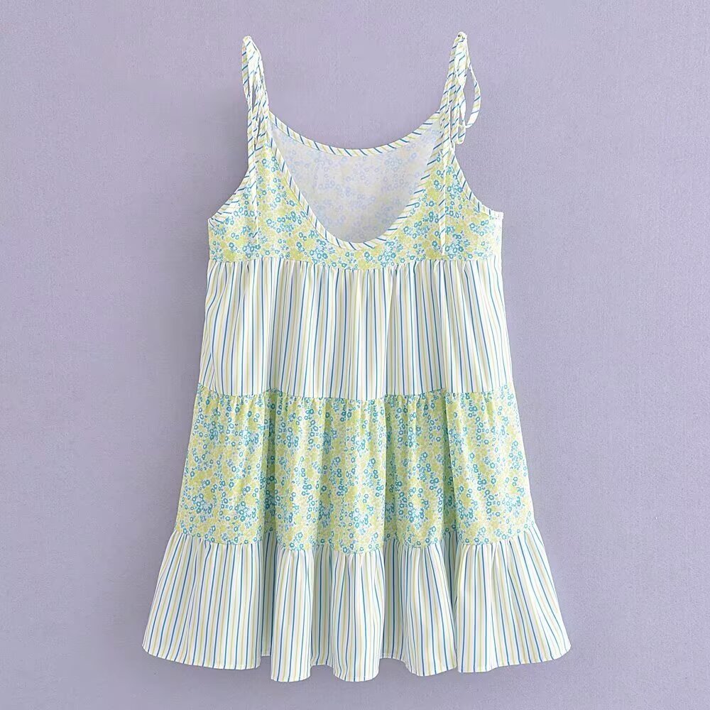 Women Floral Striped Stitching Suspender Vacation Lace up Dress Bella Mia
