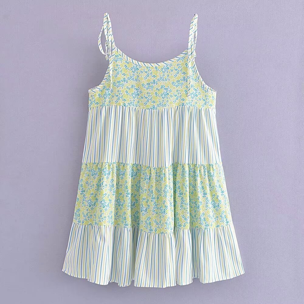 Women Floral Striped Stitching Suspender Vacation Lace up Dress Bella Mia