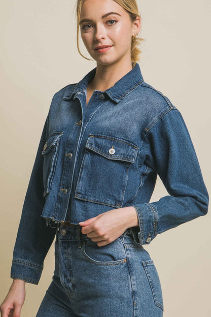 Love Tree Raw Hem Button Up Cropped Denim Jacket.