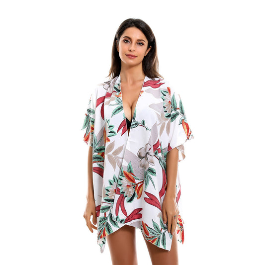 Spring Summer Vacation Travel Wild Chiffon Plant Floral Pattern Beach Sun Protection Blouse Bella Mia