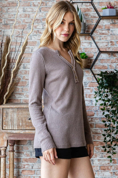 Reborn J Waffle Knit Notched Long Sleeve Top.