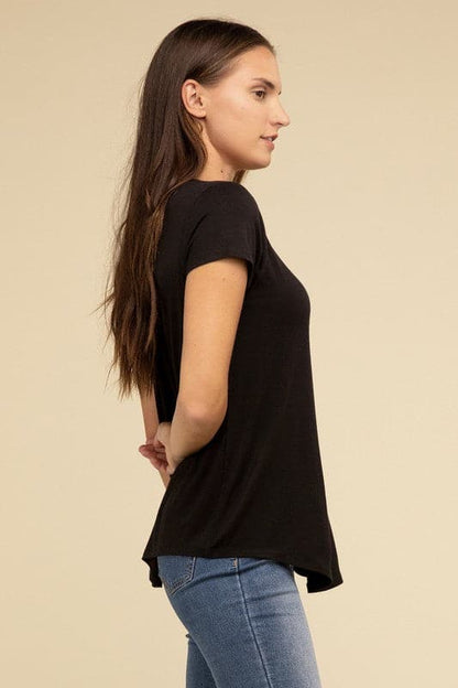 Flowy Round Hem Rayon Short Sleeve Top.