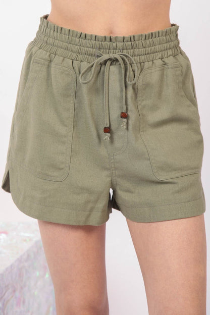 VERY J Drawstring Elastic Waist Linen Shorts.