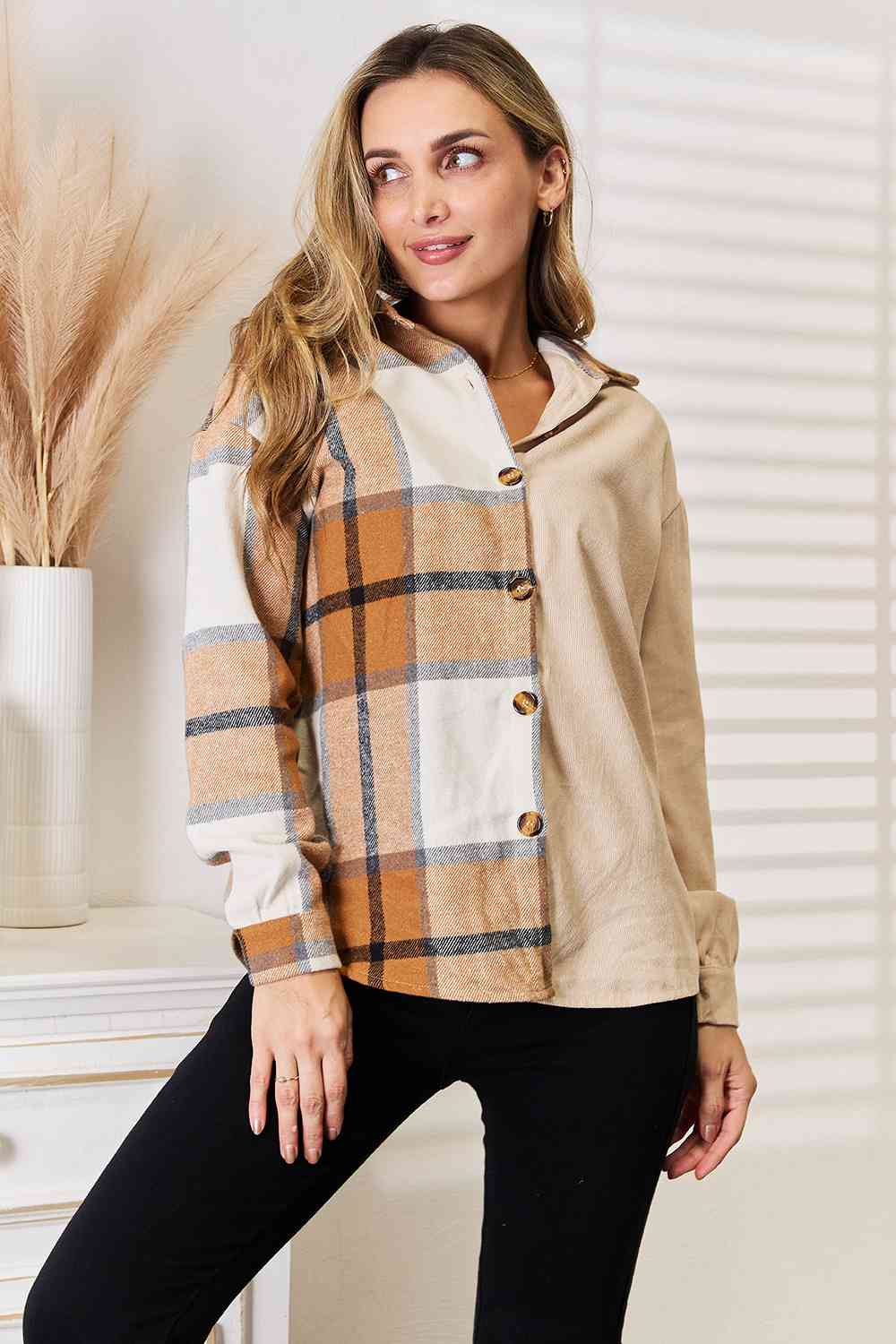 Double Take Plaid Print Dropped Shoulder Shirt - Love Salve