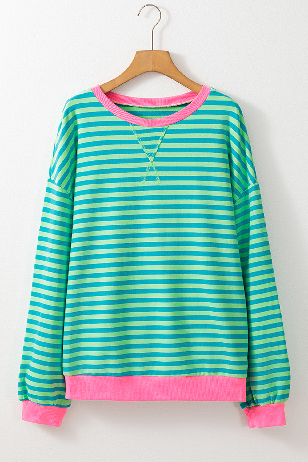 Casual sky blue striped oversized pullover with contrast trim