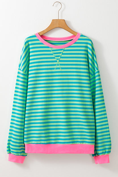 Casual sky blue striped oversized pullover with contrast trim