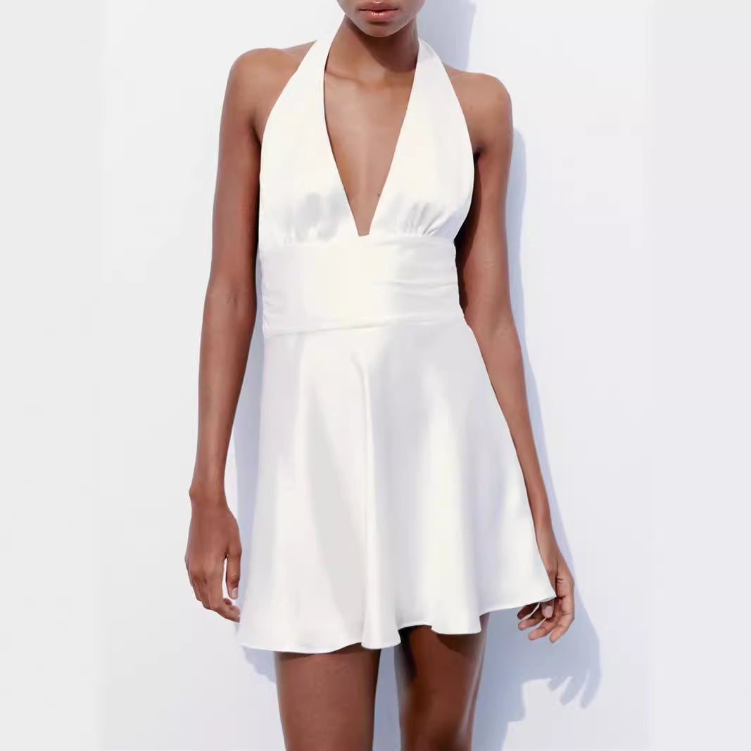 White Dress Summer Backless Women Wear Silk Satin Halter Dress Bella Mia