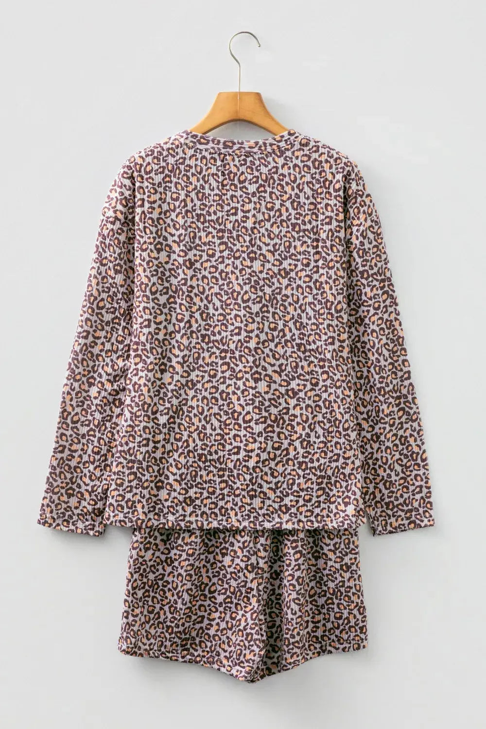 Leopard Ribbed Long Sleeve Top Drawstring Shorts 2pcs Outfit Simply Love