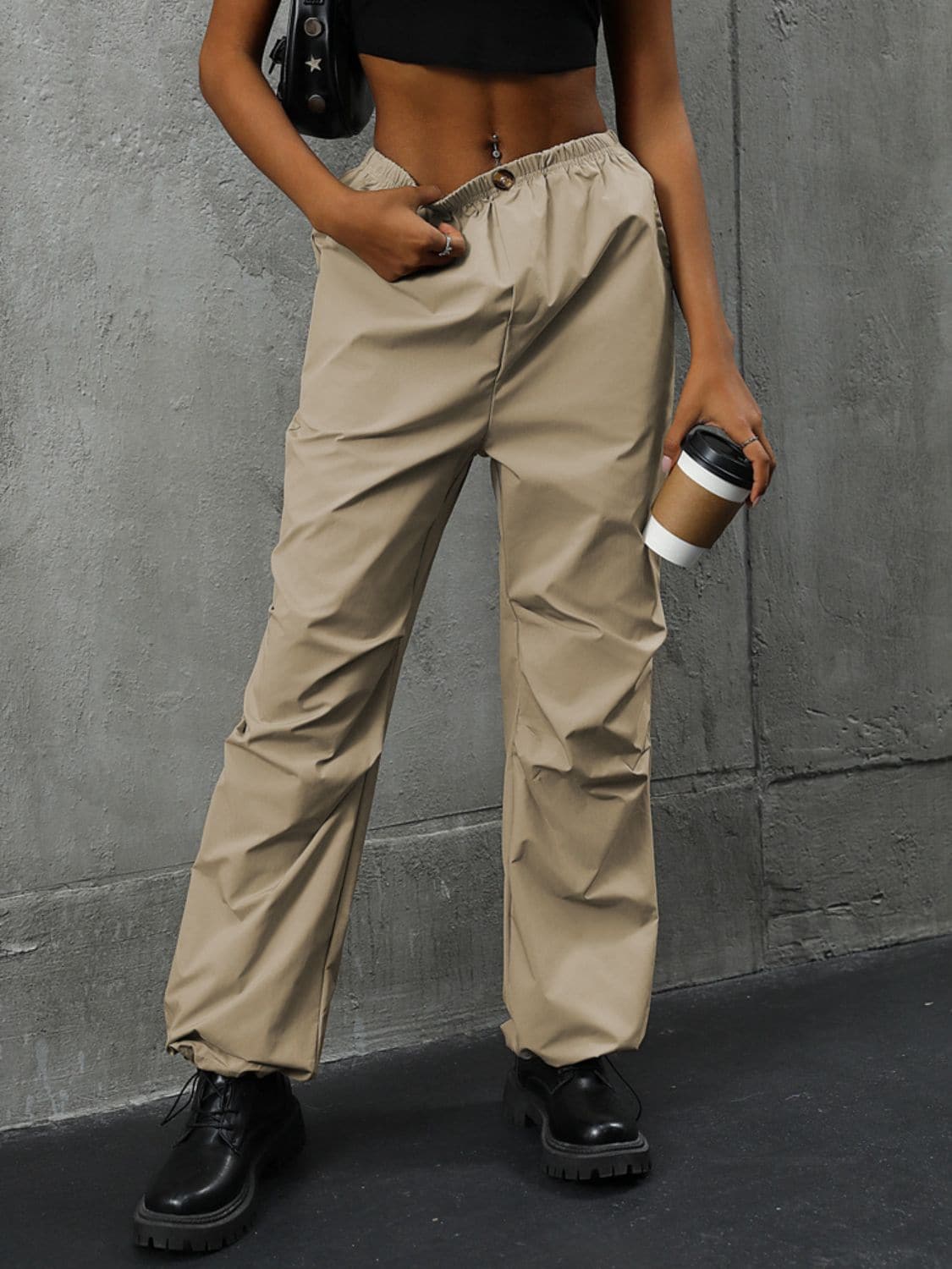 Pocketed Elastic Waist Pants.