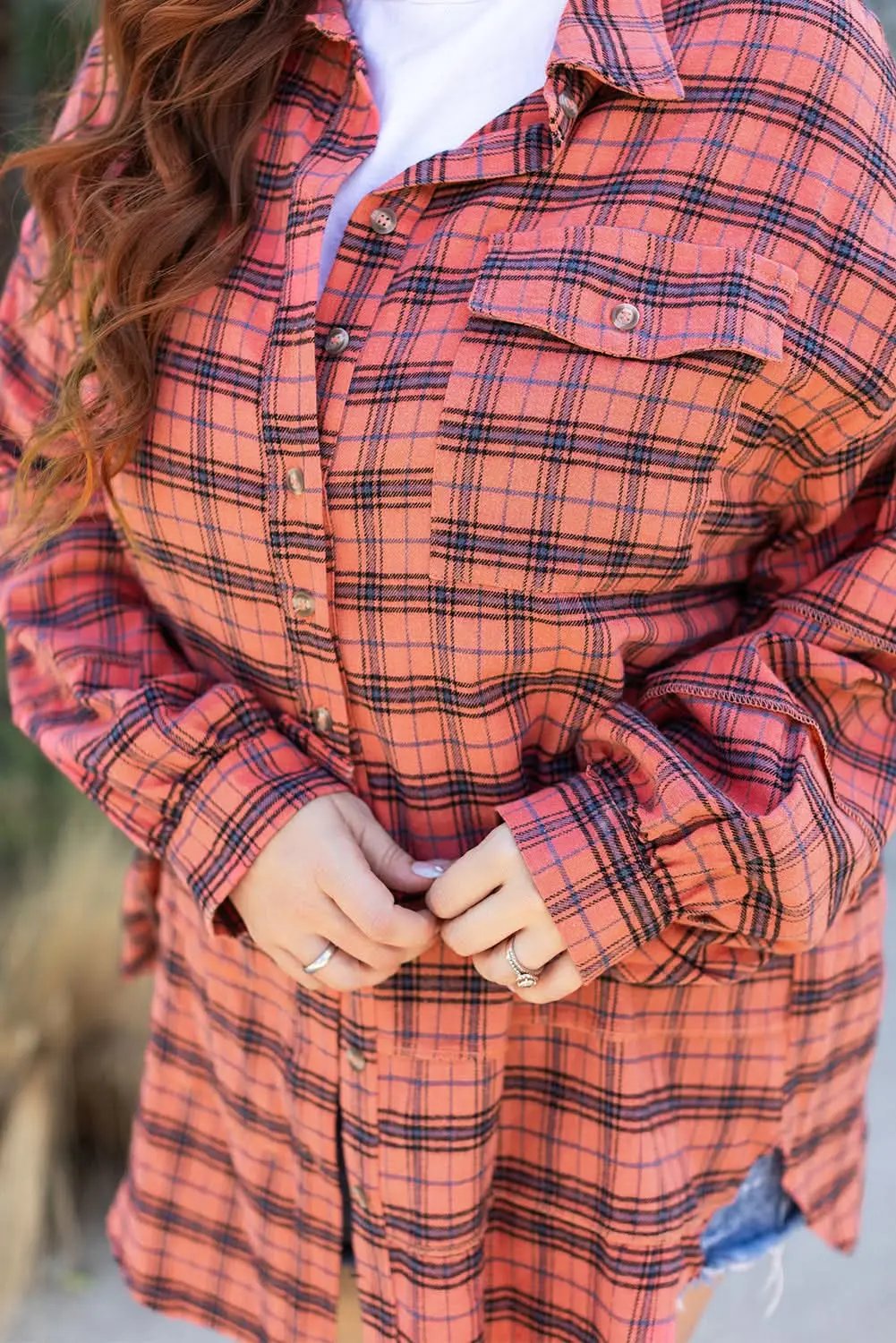 Red Plaid Long Sleeeve Side Split Distressed Hem Shirt - Love Salve 