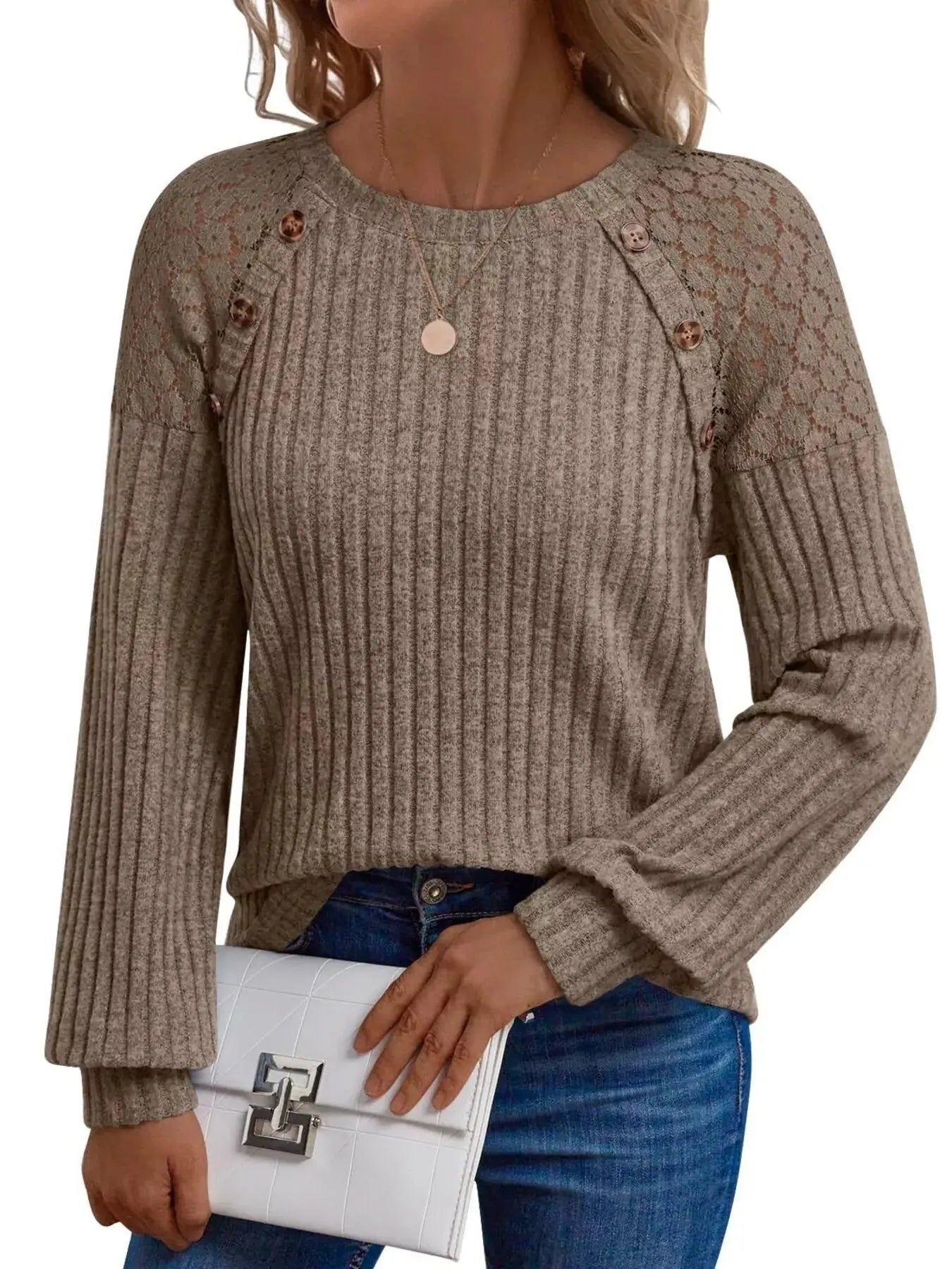 Ribbed Knit T-Shirt with Lace Shoulder Detail Simply Love
