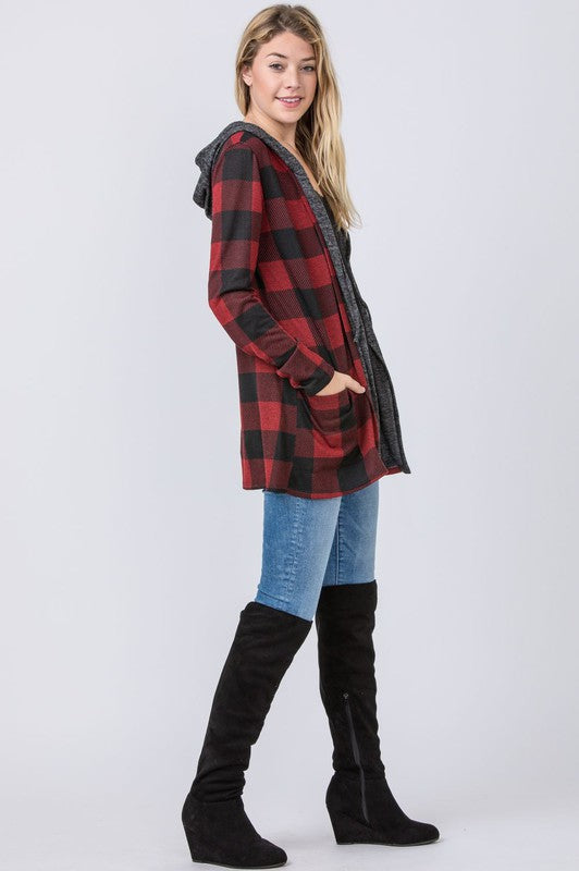 Hooded plaid cardigan - usa made