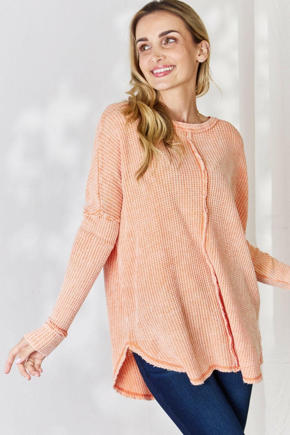 Zenana Oversized Washed Waffle Long Sleeve Top.