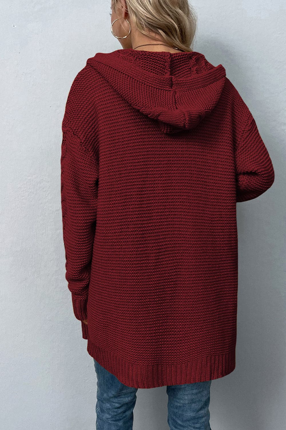 Cable-Knit Dropped Shoulder Hooded Cardigan.