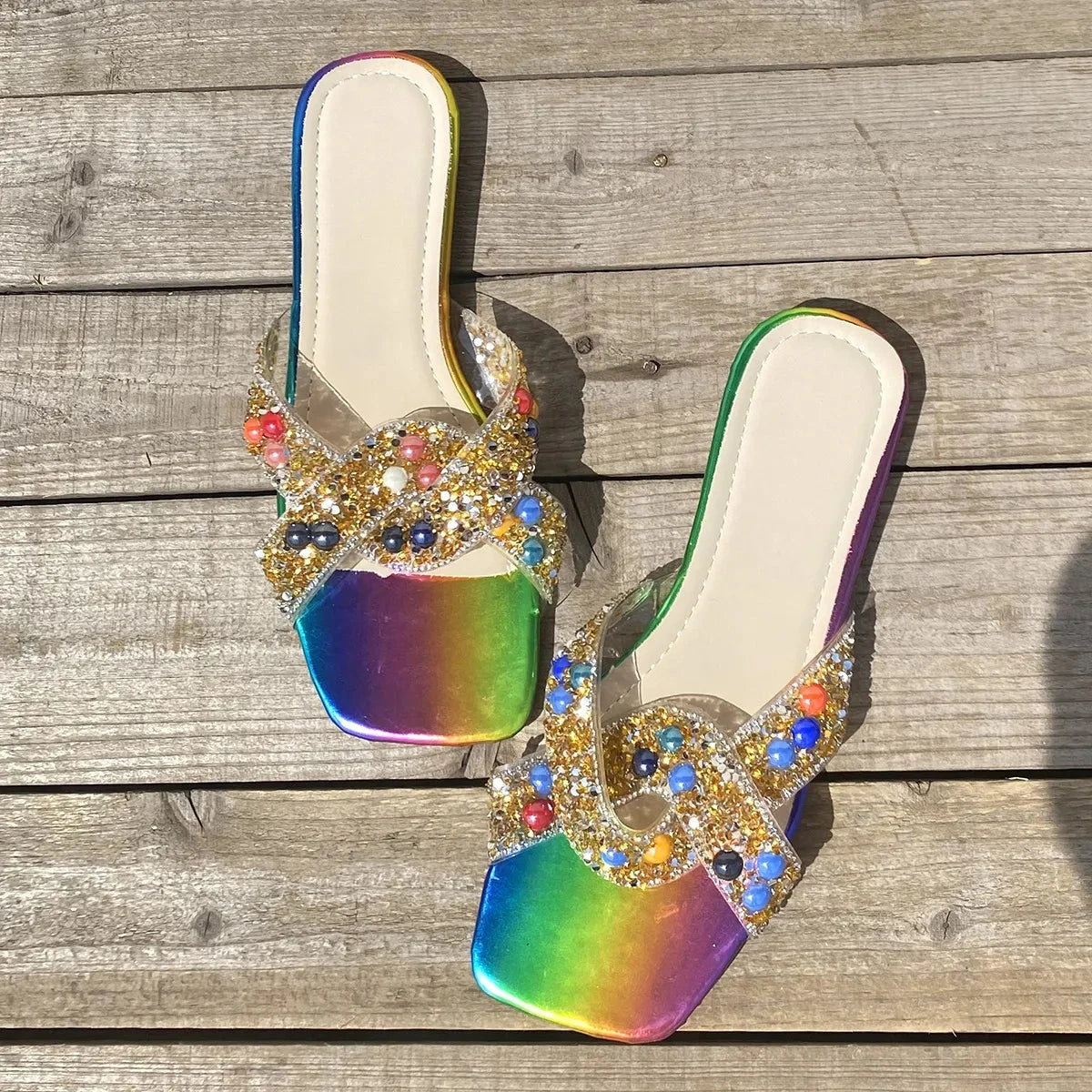 Shine & Slay Rainbow Rhinestone Slide Sandals Coco’s Tee Boutique