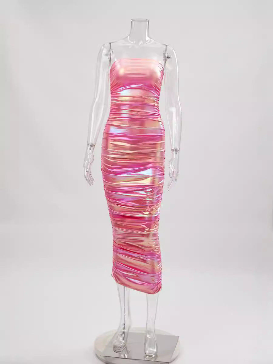 Fluorescent Dress Sexy Party Tube Top Pleated Dress Women Clothing Bella Mia