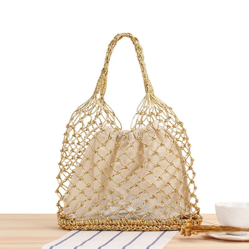 Solid Color Metallic Yarn Hand Crocheting Woven Bag Trendy Women Mori Portable Straw-Weaved Bag Beach Bag Bella Mia