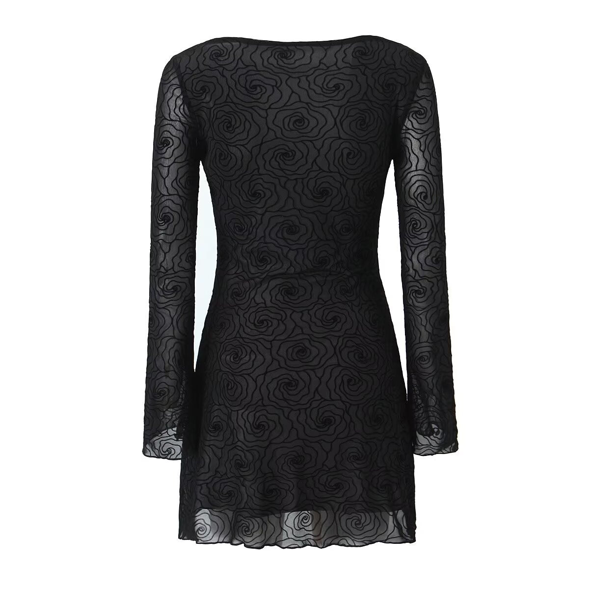Sexy Pure Black Floral Line round Neck Long Sleeve A line Dress Women Slim Fit Cinched Short Dress Slimming Bella Mia