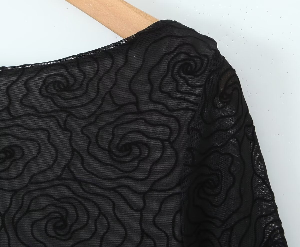 Sexy Pure Black Floral Line round Neck Long Sleeve A line Dress Women Slim Fit Cinched Short Dress Slimming Bella Mia