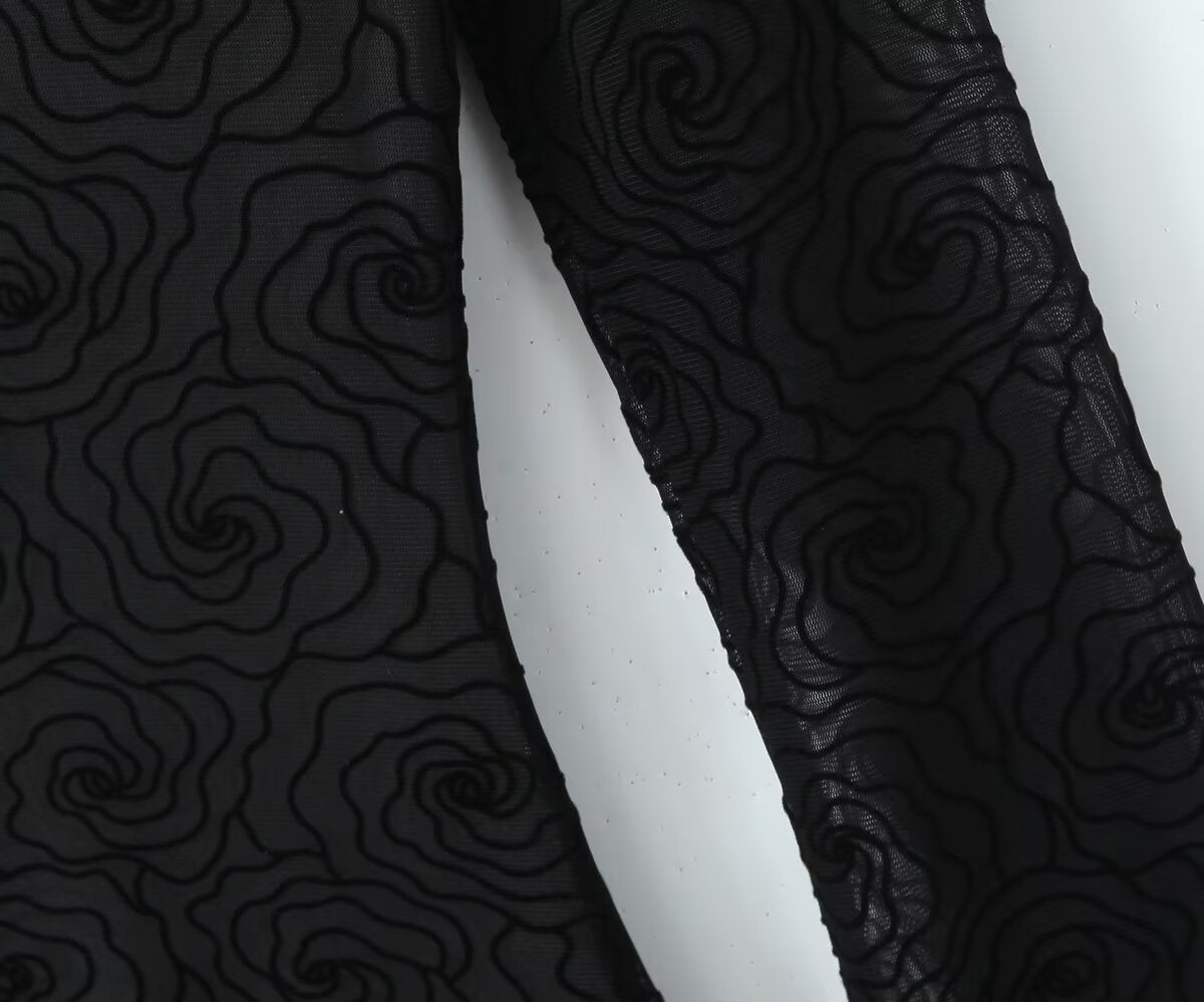 Sexy Pure Black Floral Line round Neck Long Sleeve A line Dress Women Slim Fit Cinched Short Dress Slimming Bella Mia