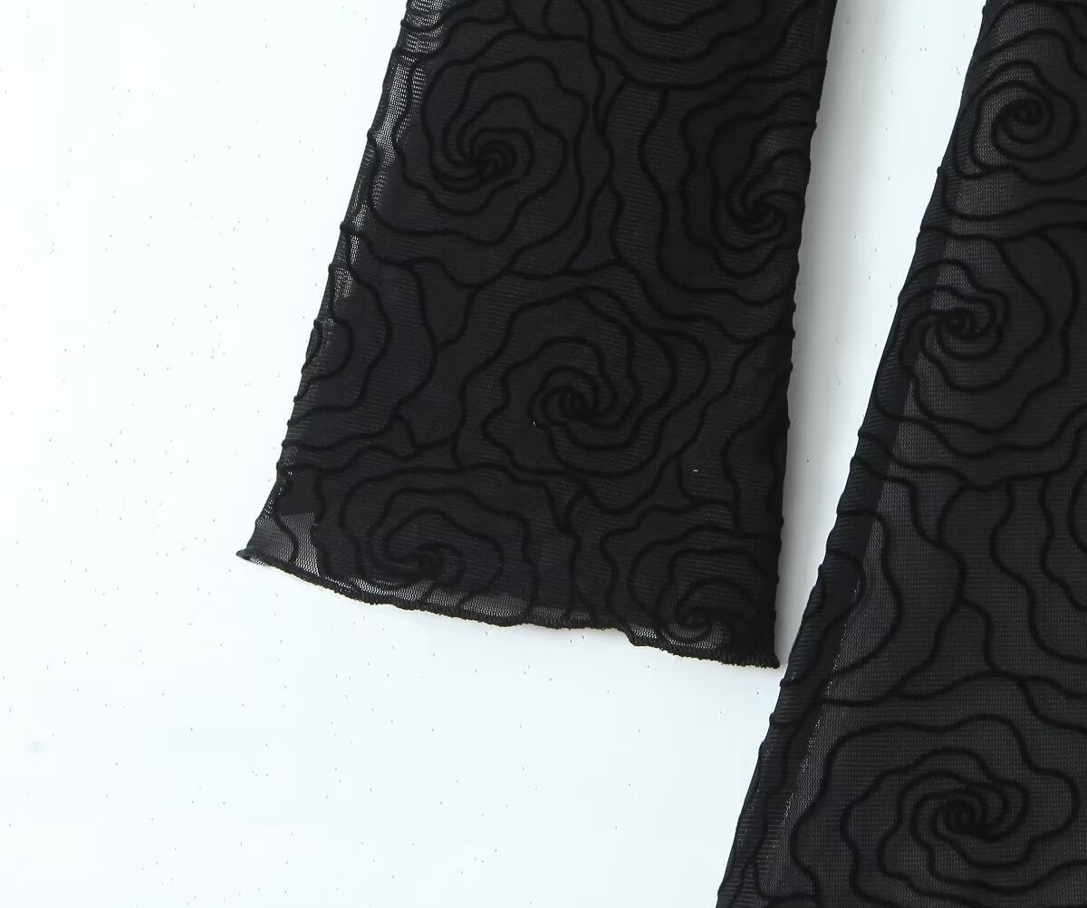 Sexy Pure Black Floral Line round Neck Long Sleeve A line Dress Women Slim Fit Cinched Short Dress Slimming Bella Mia