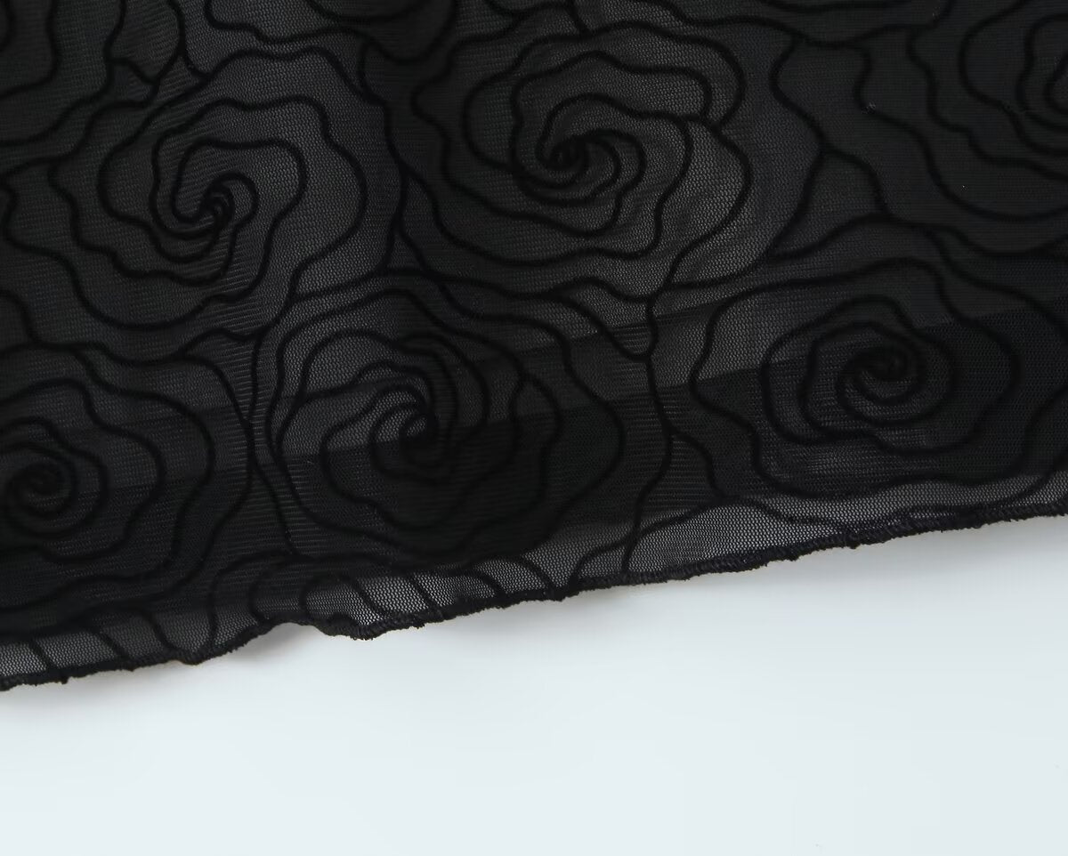 Sexy Pure Black Floral Line round Neck Long Sleeve A line Dress Women Slim Fit Cinched Short Dress Slimming Bella Mia