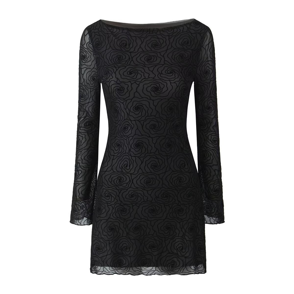 Sexy Pure Black Floral Line round Neck Long Sleeve A line Dress Women Slim Fit Cinched Short Dress Slimming Bella Mia