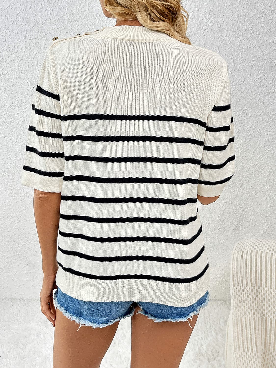 Striped Round Neck Half Sleeve Knit Top.