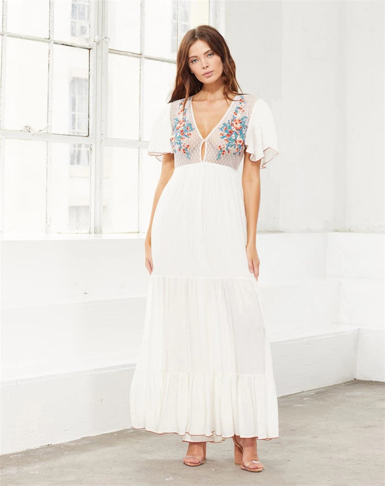 Embroidered Sexy Deep V Plunge Plunge Vacation Dress Beach Cover Up Beach Sun Protection Shirt Maxi Dress Bella Mia