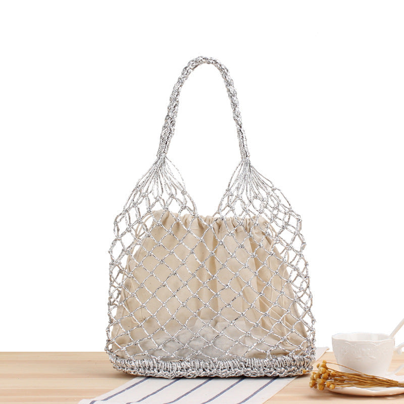 Solid Color Metallic Yarn Hand Crocheting Woven Bag Trendy Women Mori Portable Straw-Weaved Bag Beach Bag Bella Mia