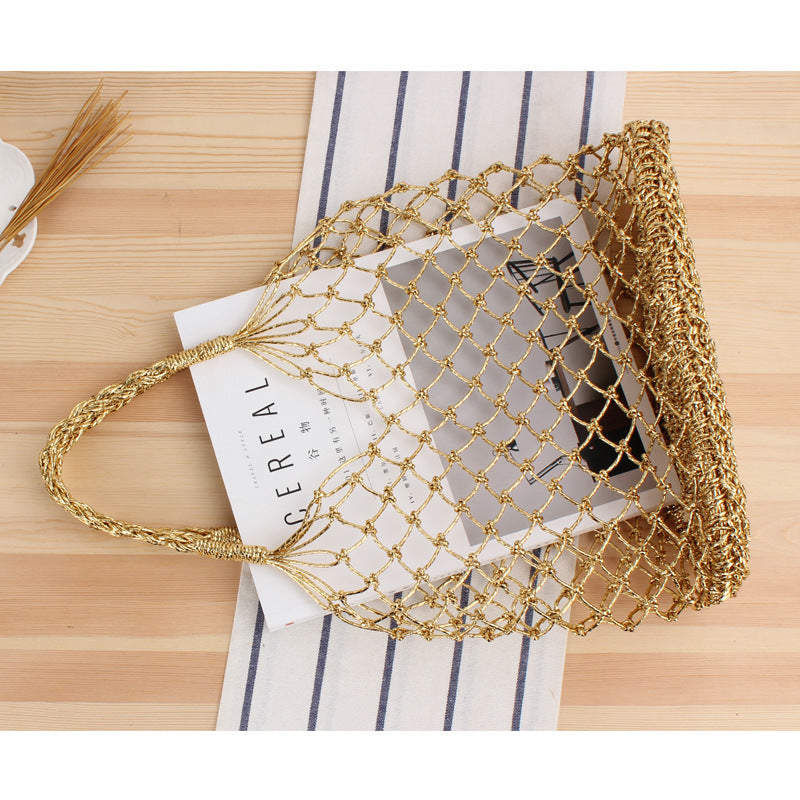 Solid Color Metallic Yarn Hand Crocheting Woven Bag Trendy Women Mori Portable Straw-Weaved Bag Beach Bag Bella Mia