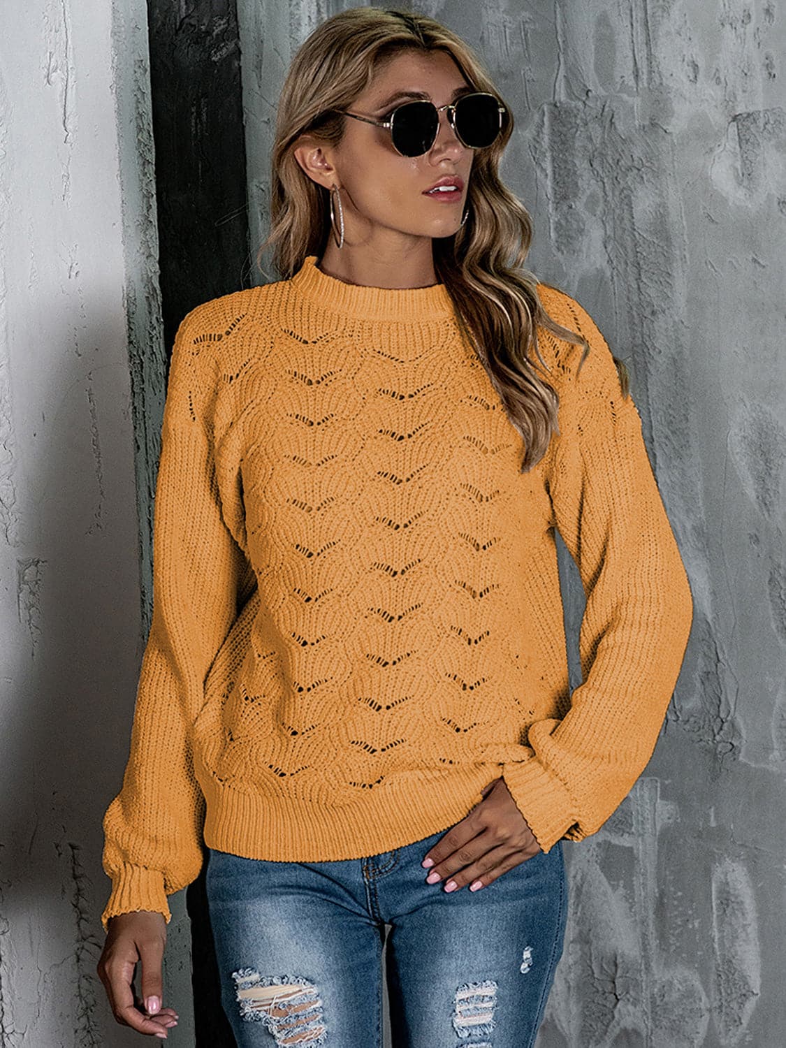 Openwork Mock Neck Long Sleeve Sweater.