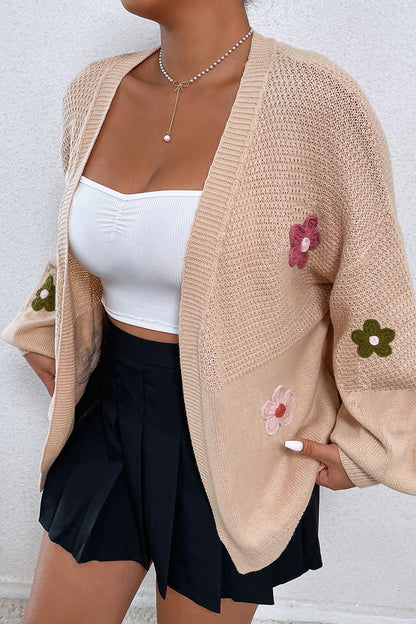 Flower Open Front Dropped Shoulder Cardigan.