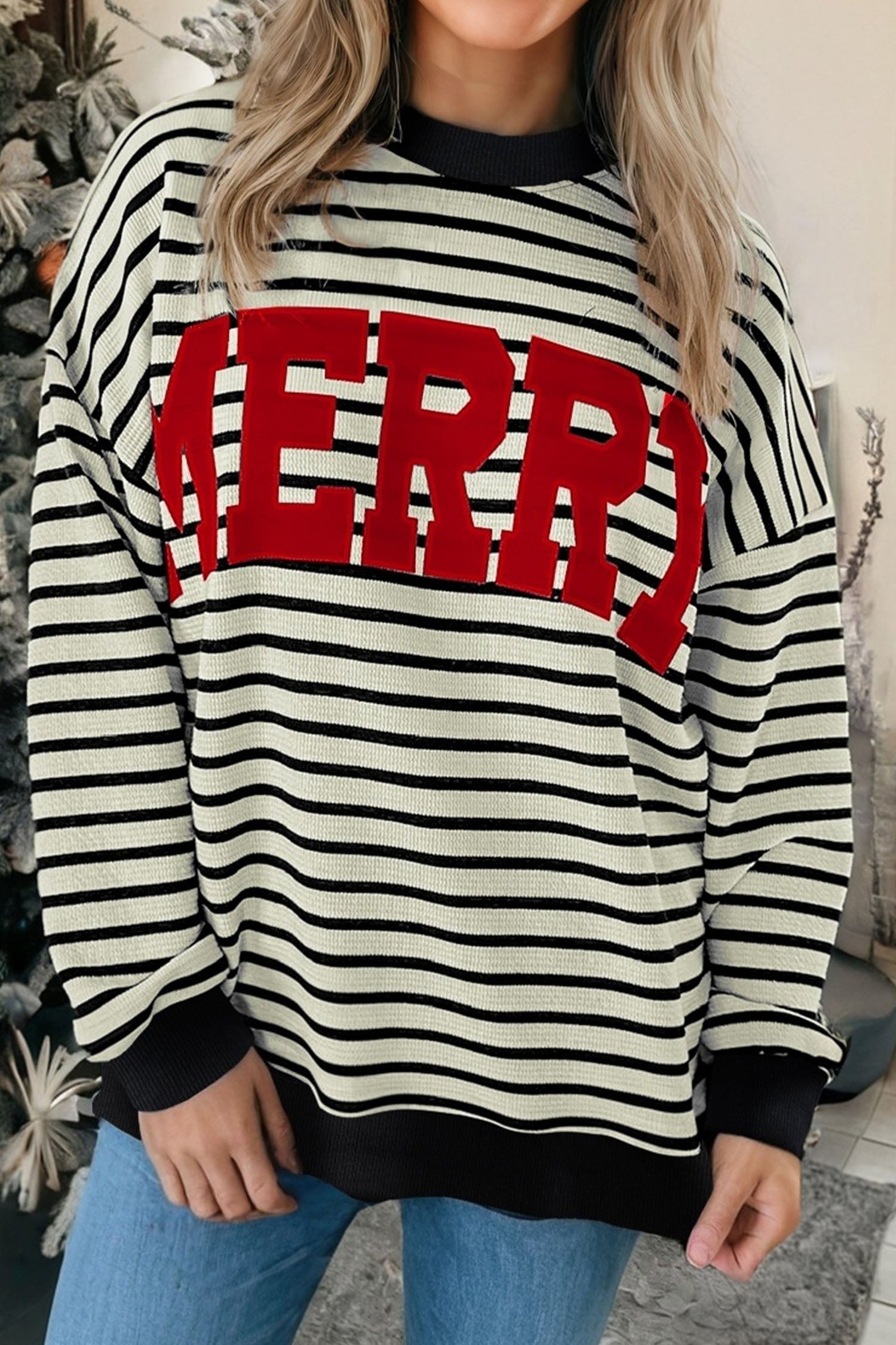 White Stripe Contrast Merry Letter Christmas Print Drop Shoulder Sweatshirt Dear-Lover Dropshipping