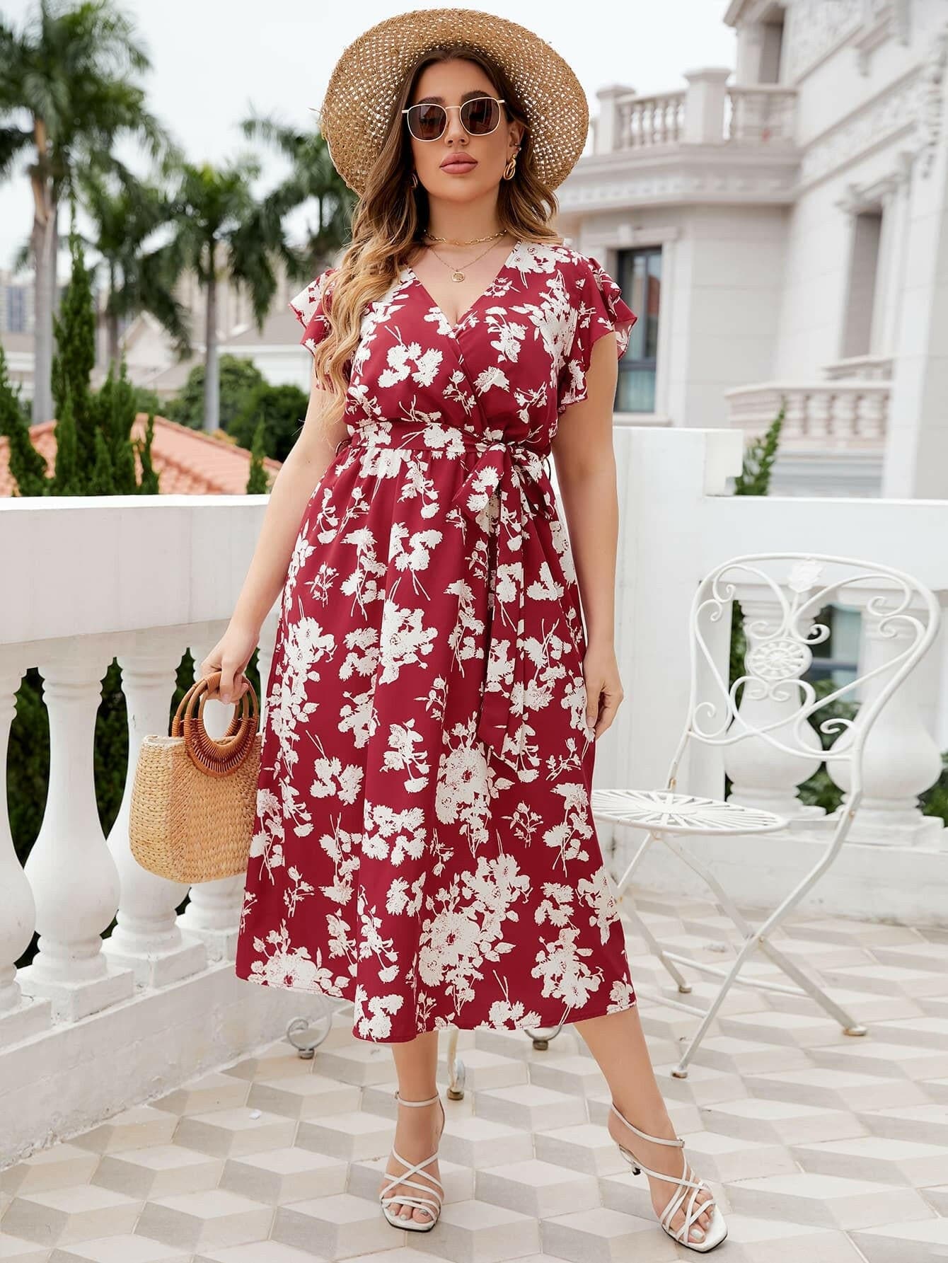 Plus Size Floral Tie Waist Surplice Neck Midi Dress.