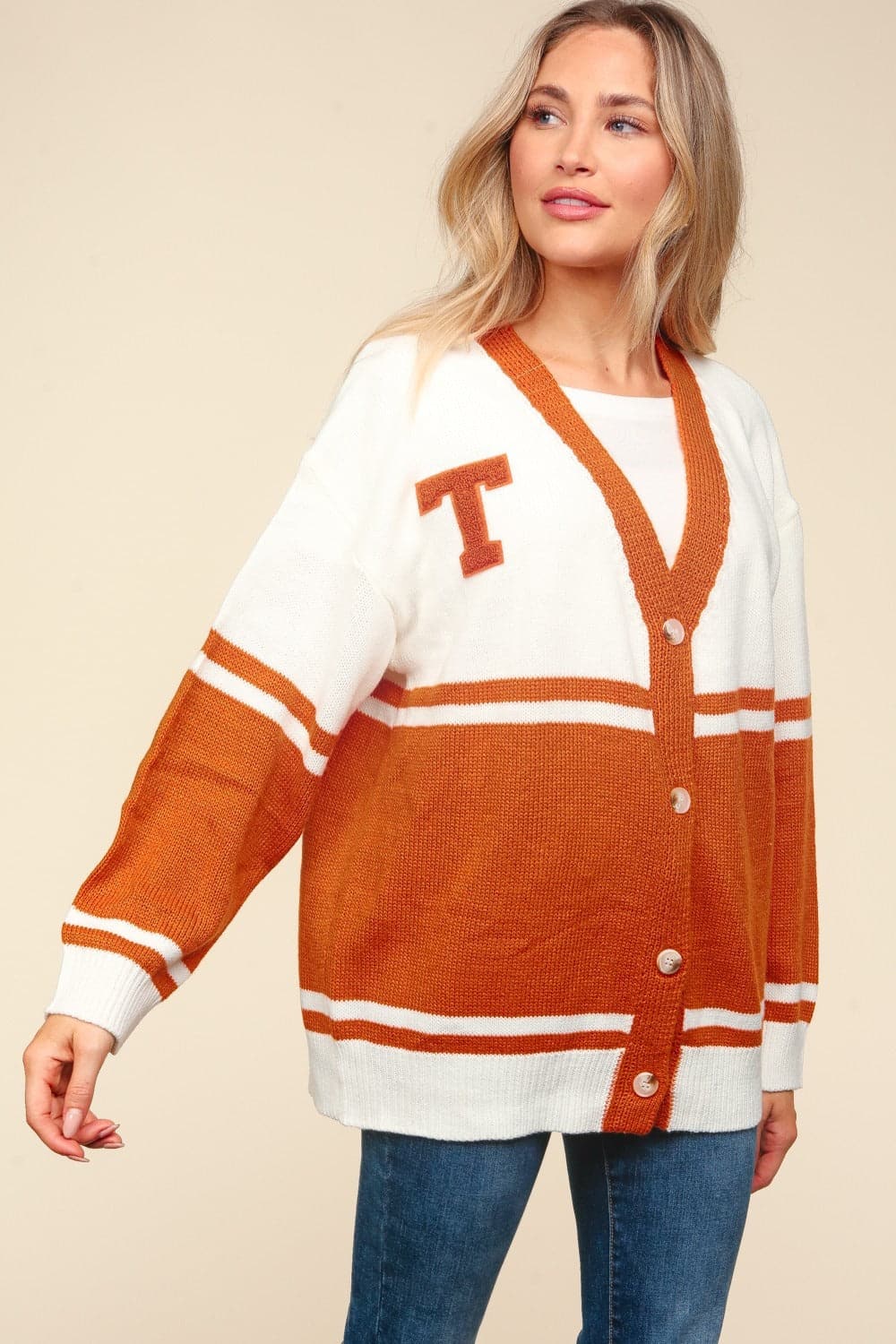 V-neck oversized button cardigan with trendy letter patch