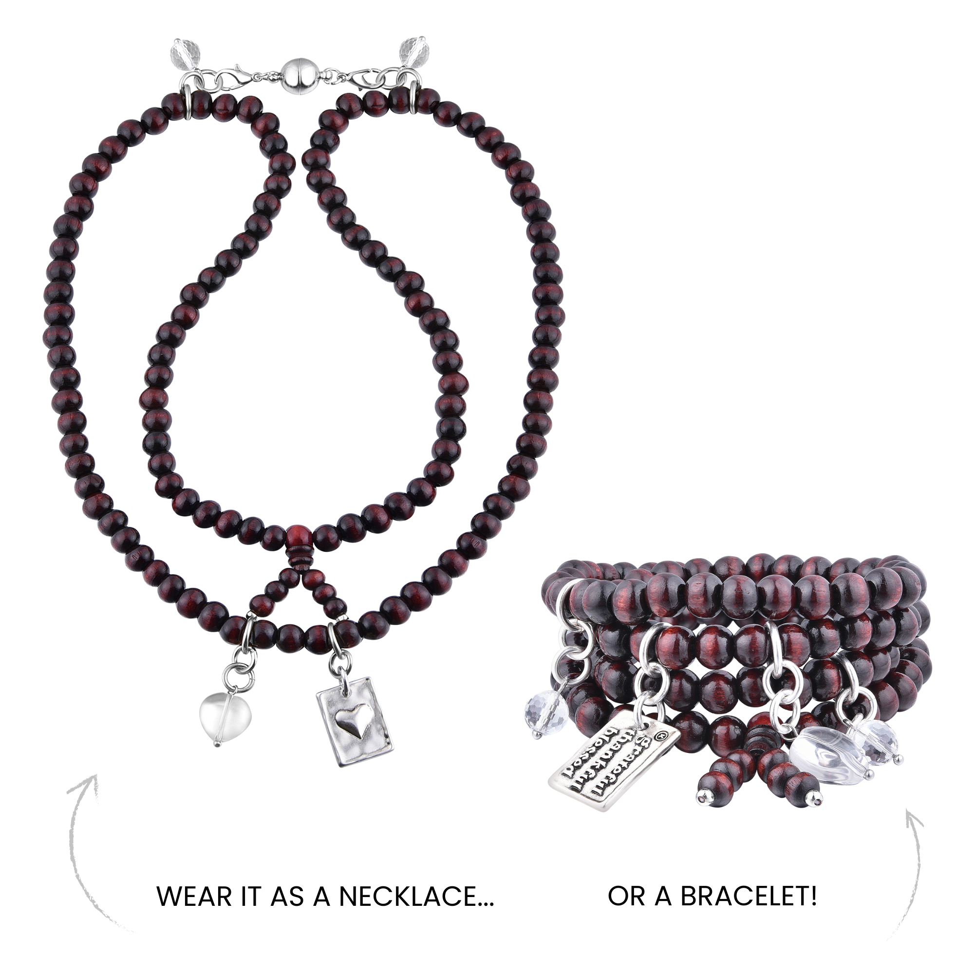 Grateful Thankful Blessed Heart Wood Boho Wrap Bracelet/Necklace Katia Designs