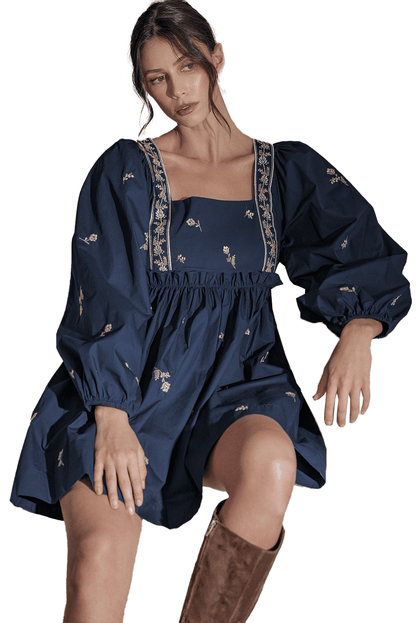 Embroidered Blue Floral Mini Dress with Puff Sleeves and Ruffled Hem