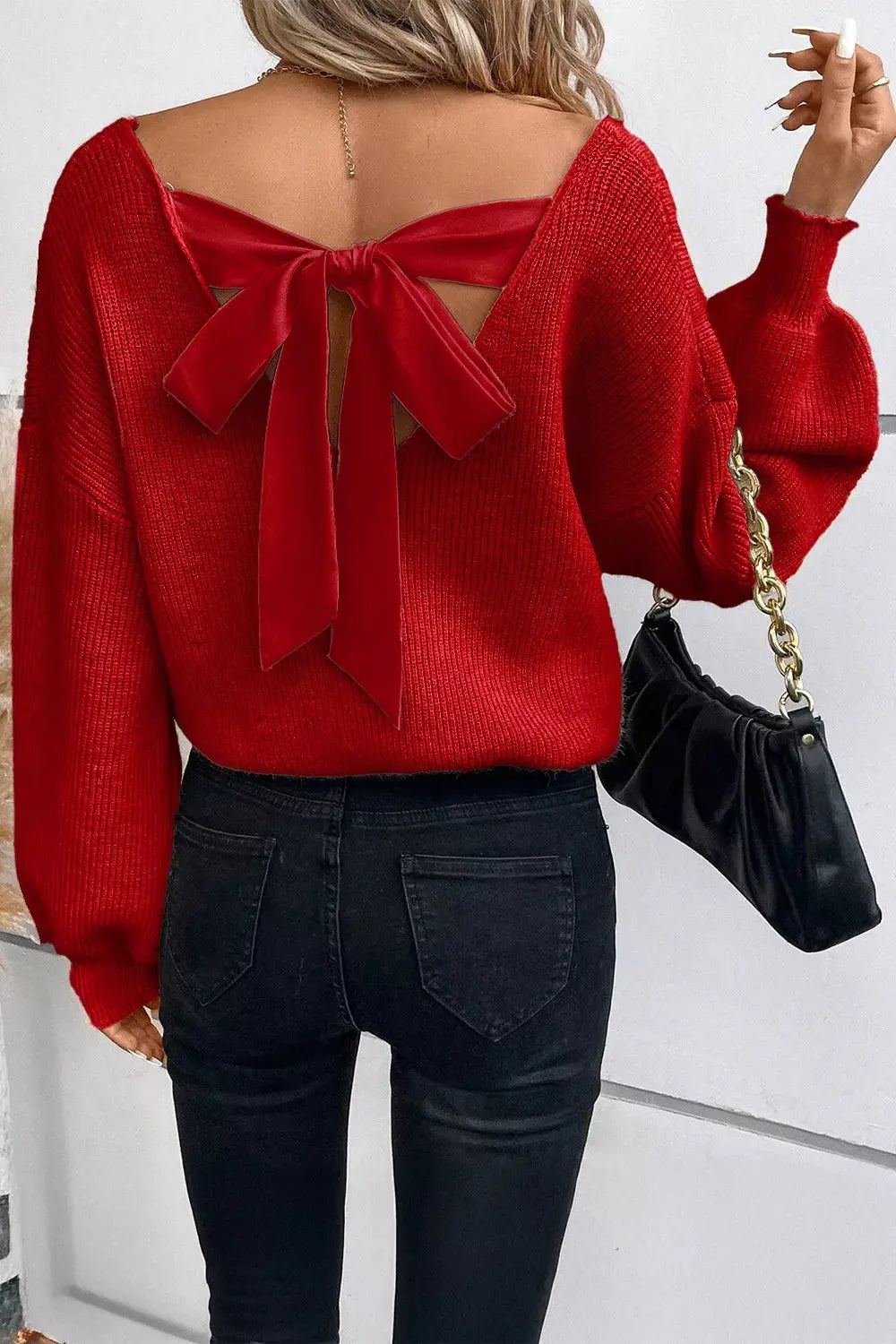 Lantern Sleeve V Neck Knot Back Sweater Simply Love