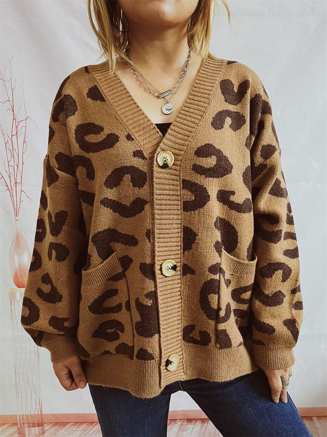 Leopard Button Front Cardigan with Pockets.