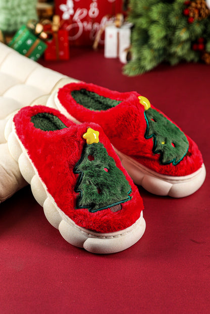 Fiery Red Christmas Tree Graphic Thick Sole Plush Slippers