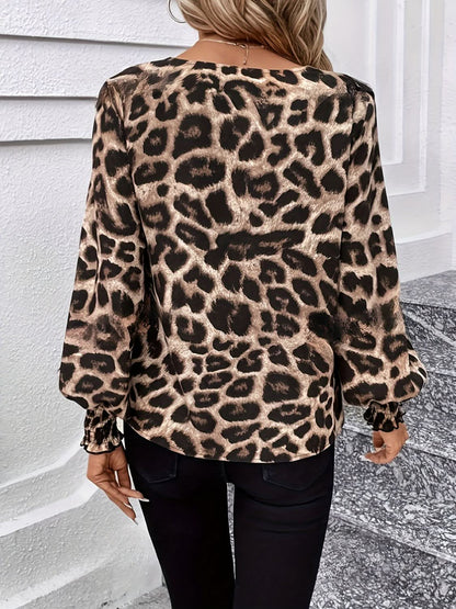 Leopard Print V-Neck Blouse with Lantern Sleeves