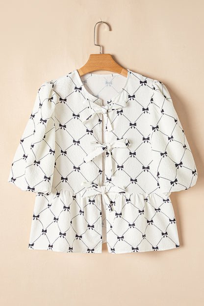 Charming White Bowknot Print Bubble Sleeve Blouse with Front Knots